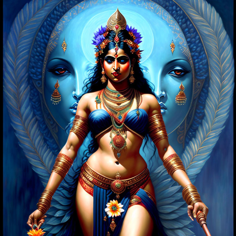 Detailed blue-skinned female figure with multiple arms and ornate headdress in mystical setting