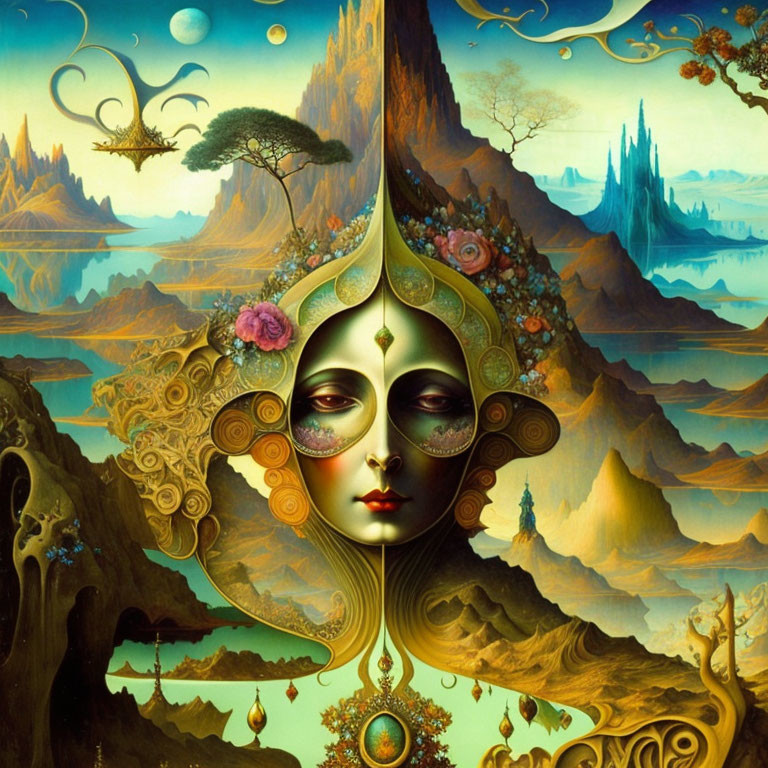 Surreal painting: Female face merges with vibrant landscape