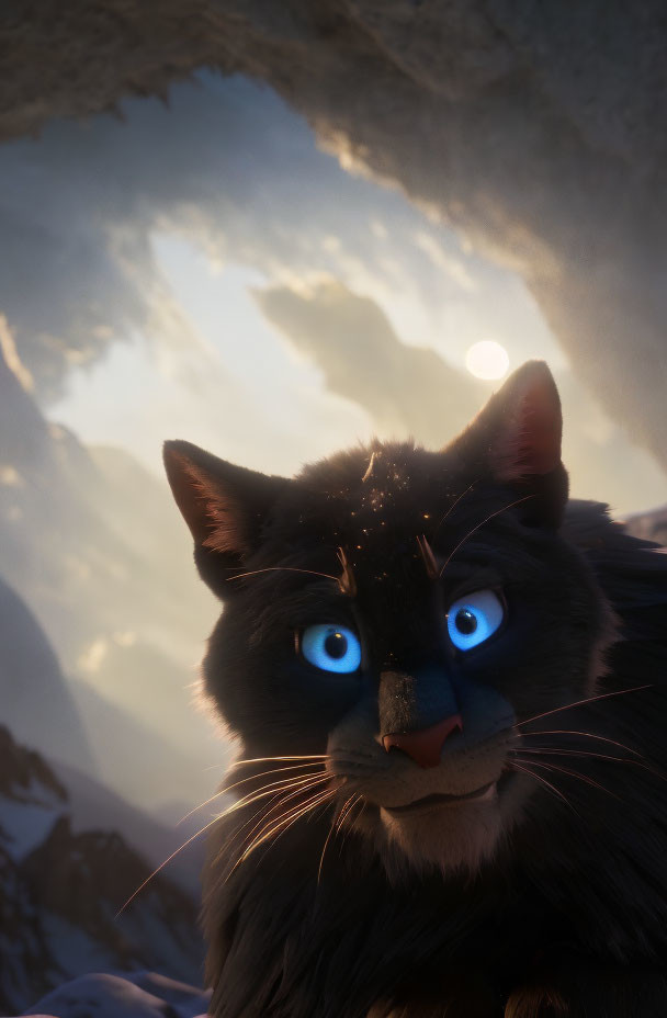 Animated cat with blue eyes in snowy cavern at sunset