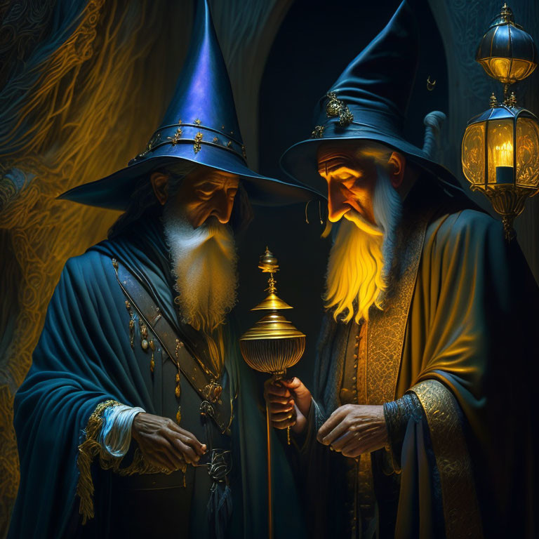 Two wizards in blue robes and pointed hats holding a magical lantern in a dimly lit room.