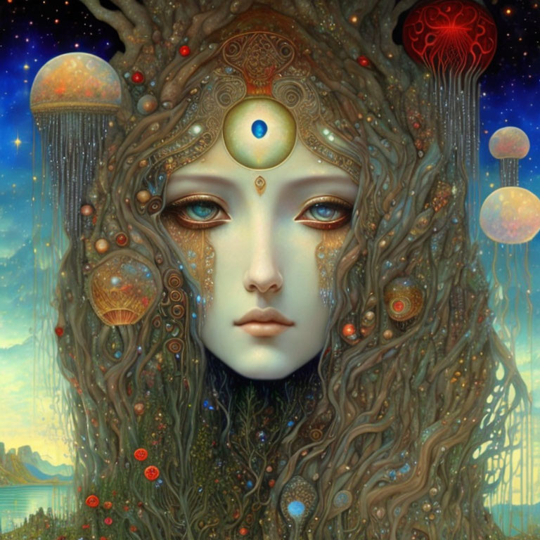 Surreal portrait featuring figure with tree-like hair and celestial motifs