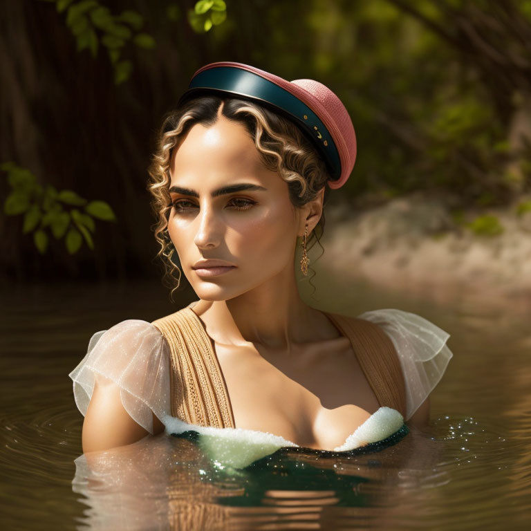 Woman in stylish hat and earrings submerged in water with nature backdrop.