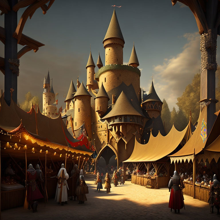 Medieval marketplace with period attire and grand castle.