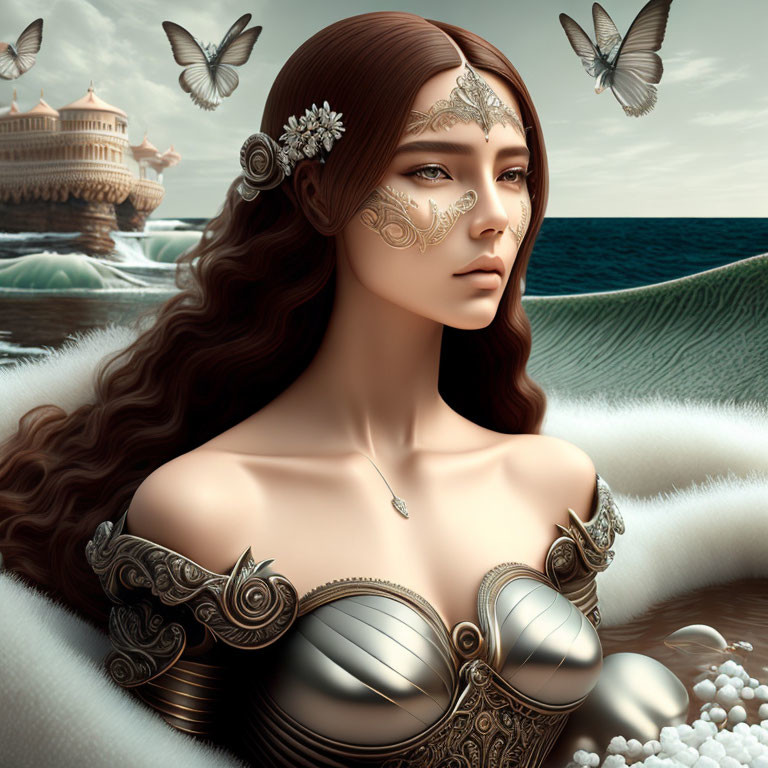 Fantasy artwork: Woman in ornate armor by ocean with castle and butterflies