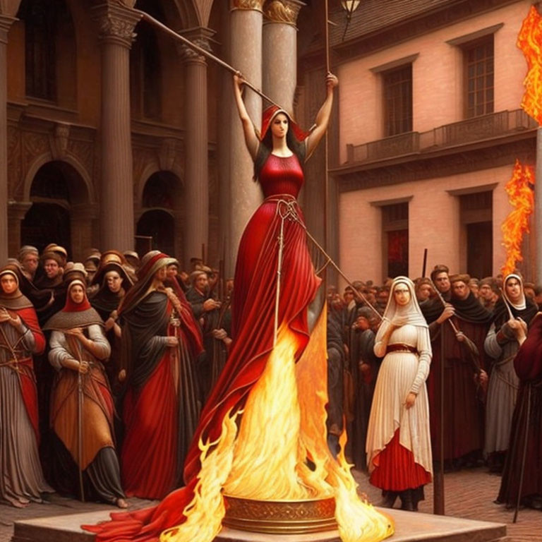 Woman in red dress engulfed in flames in grand hall with fiery torches