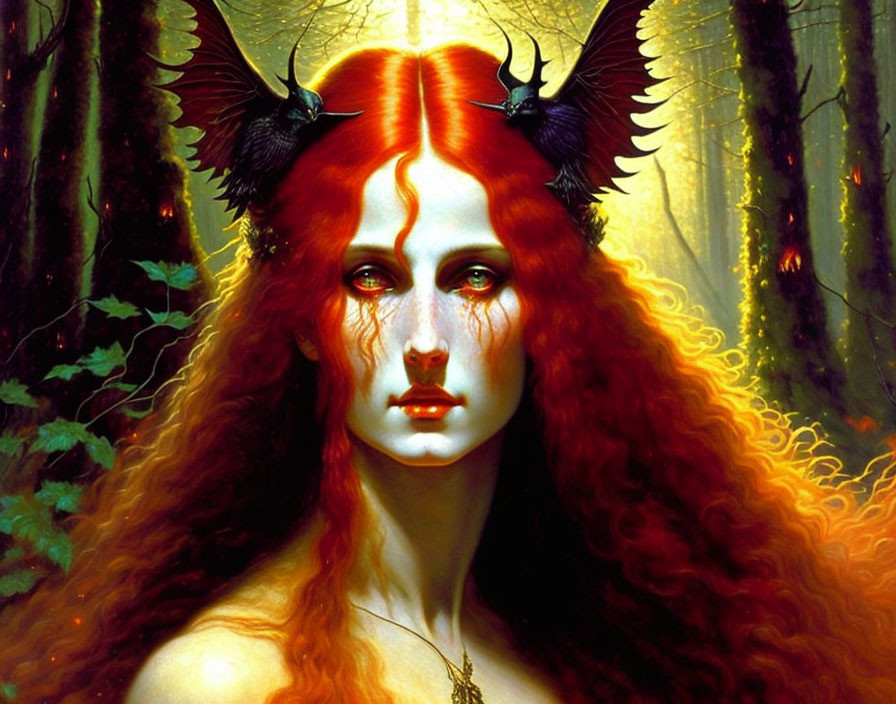 Fantasy portrait of a woman with red hair, green eyes, and horns in enchanted forest