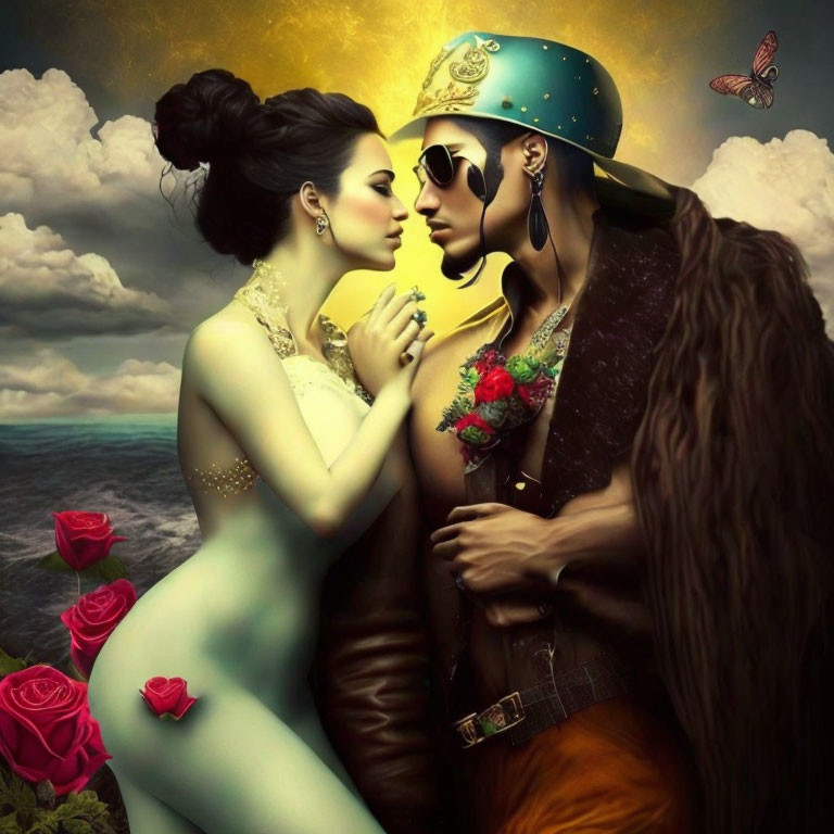 Stylized figures in intimate pose with floral tattoo, hat, roses, butterfly, dramatic sky and