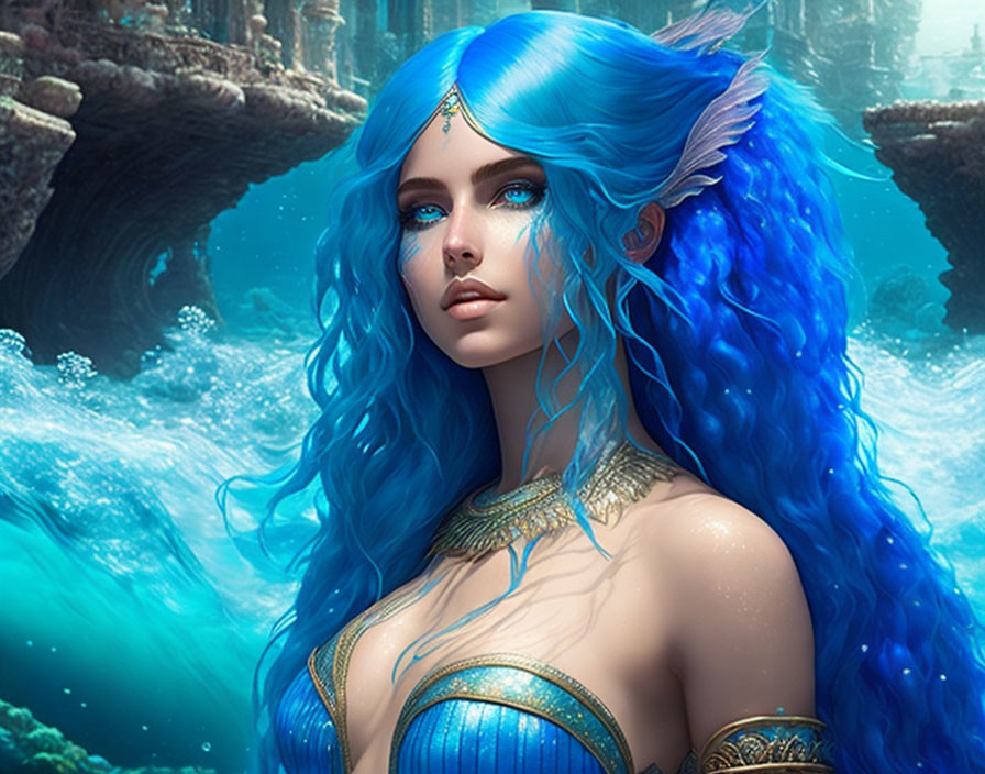 Fantasy elf with blue hair and oceanic theme in blue and gold attire