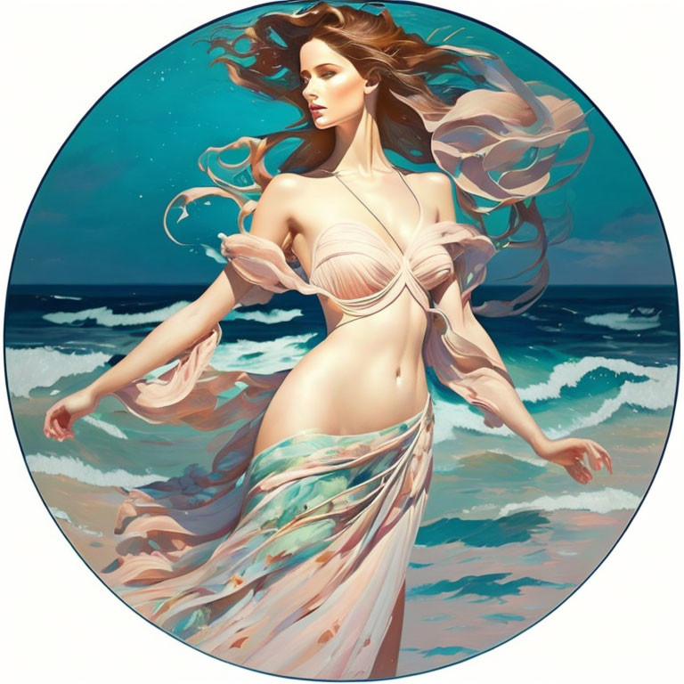 Illustrated woman with flowing hair and draped gown by ocean: Movement and elegance captured