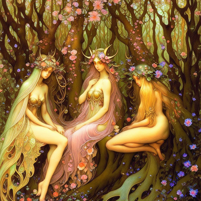 Ethereal female figures with floral crowns in enchanted forest