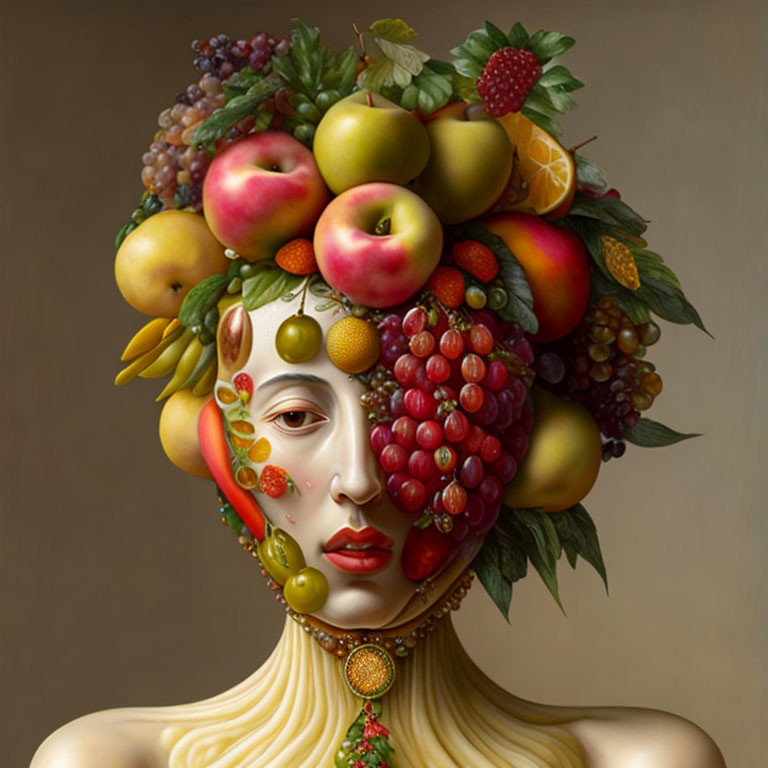 Colorful Fruit-Adorned Figure in Surreal Portrait