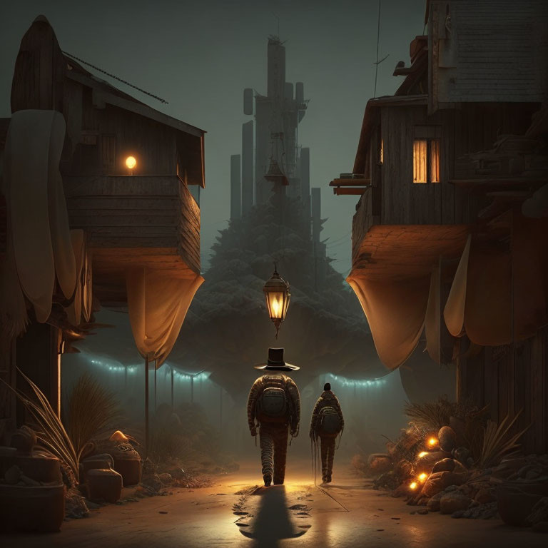 Two individuals approach a tall structure in a mysterious cityscape under a hazy sky.