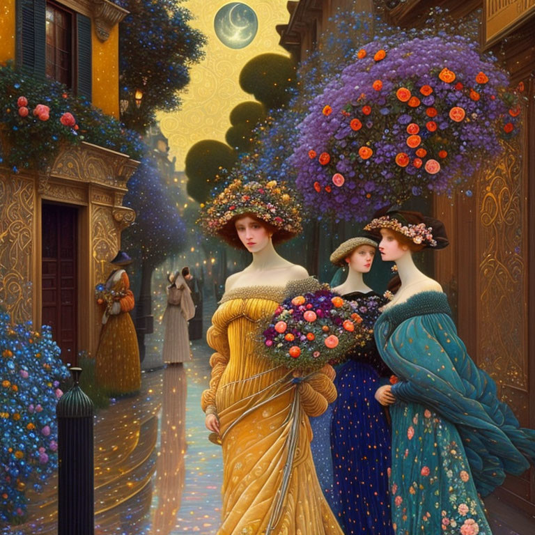 Three women in elegant gowns with floral hats on moonlit street