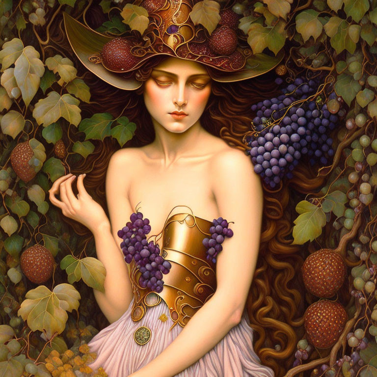 Woman in fanciful mushroom hat among grapevines with mystical ambience