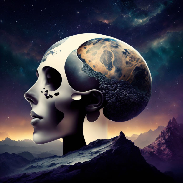 Surreal artwork: human head profile with space scene brain against cosmic backdrop