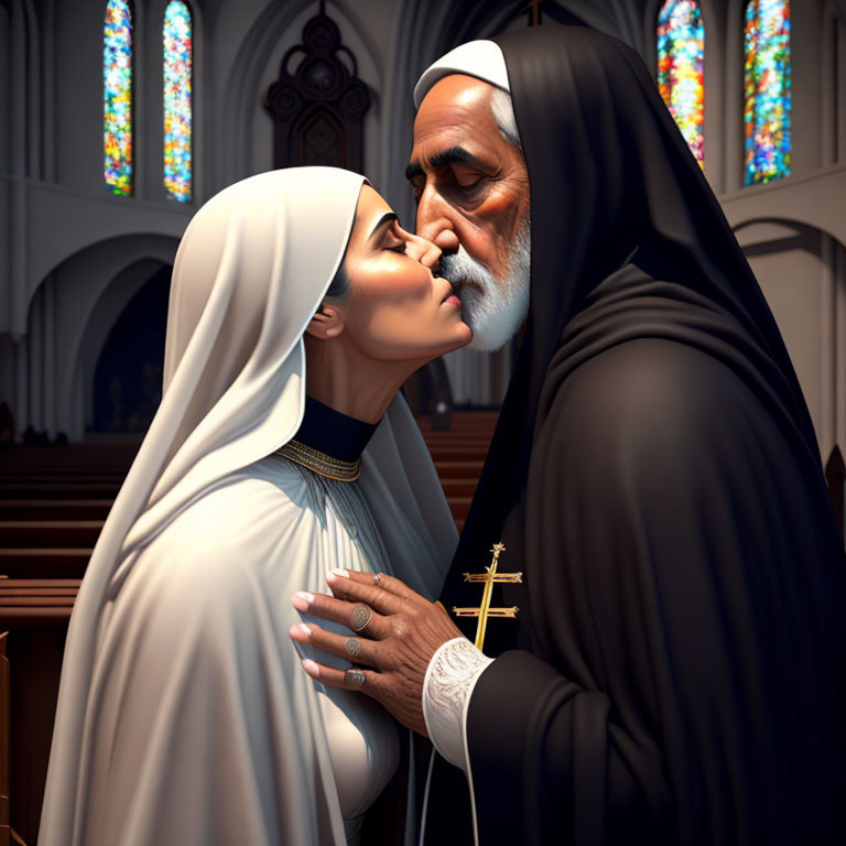 Animated nun and priest kissing in church setting.