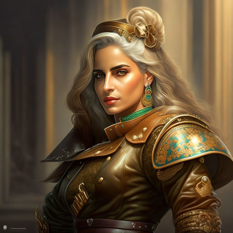 Regal woman with silver hair and green eyes in golden armor