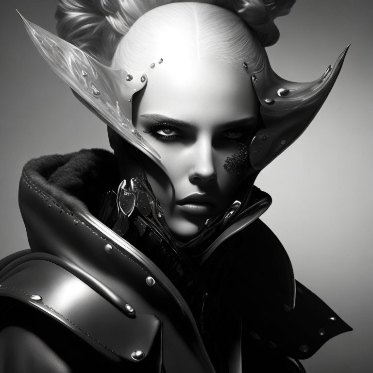 Monochrome artistic portrait of a person with fantasy-inspired makeup and attire