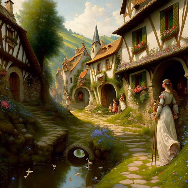 Medieval village scene with cottages, woman in gown, villagers, cobblestone bridge, stream