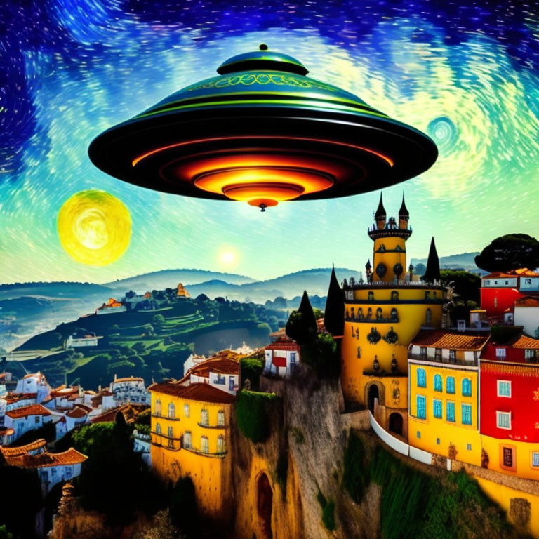 Colorful Artwork: UFO over European Townscape