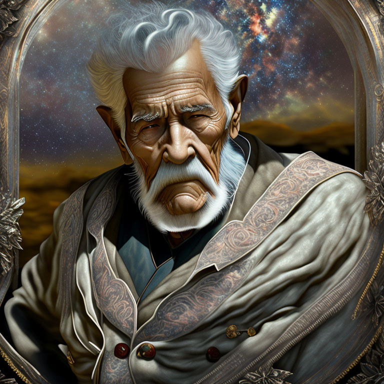 Elderly man portrait with white wavy hair and cosmic background