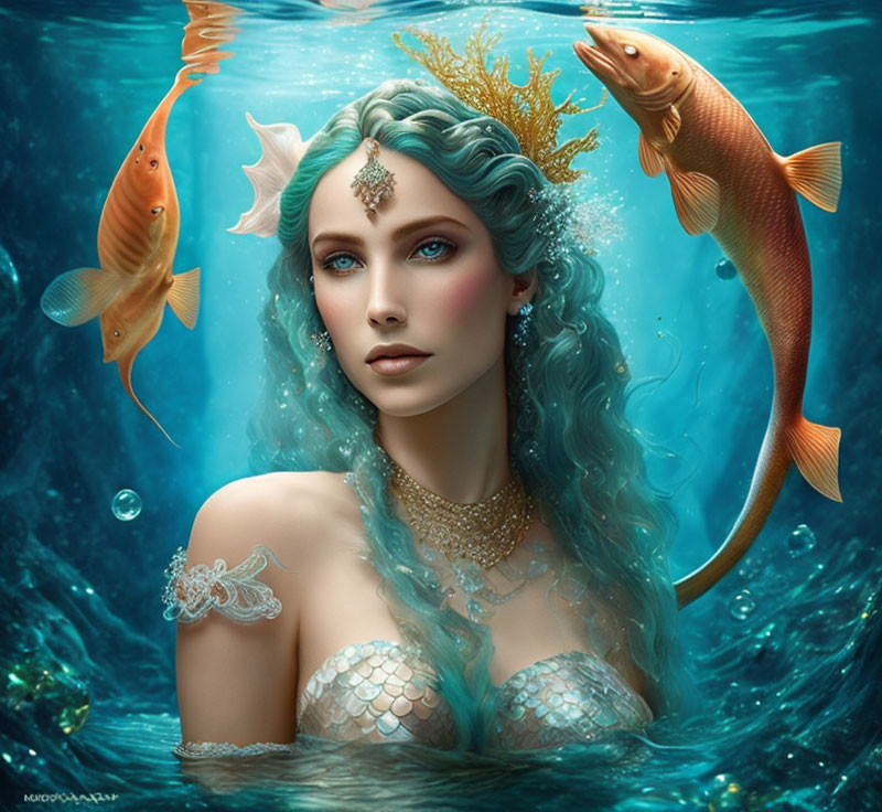 Digital artwork of woman with aqua-themed makeup in mermaid attire, surrounded by fish and bubbles.