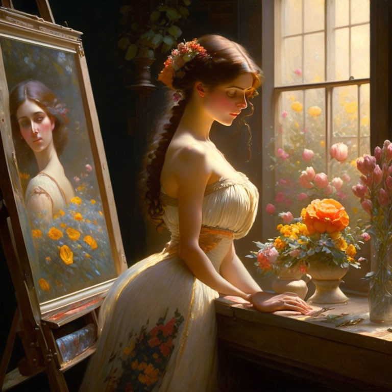 Woman with Flower Crown by Sunlit Window and Floral Arrangement