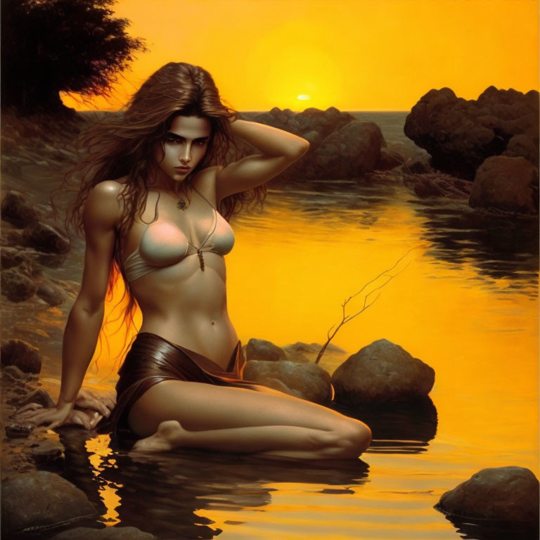 Digital artwork: Woman with long hair on rocks by water at sunset