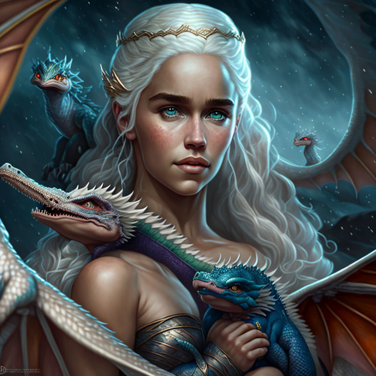 Fantasy illustration of woman with pale hair and blue eyes with three dragons in celestial scene