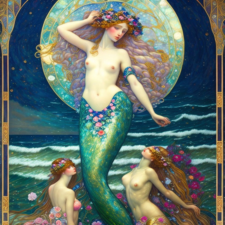 Mermaid trio painting with vibrant tails and floral crowns