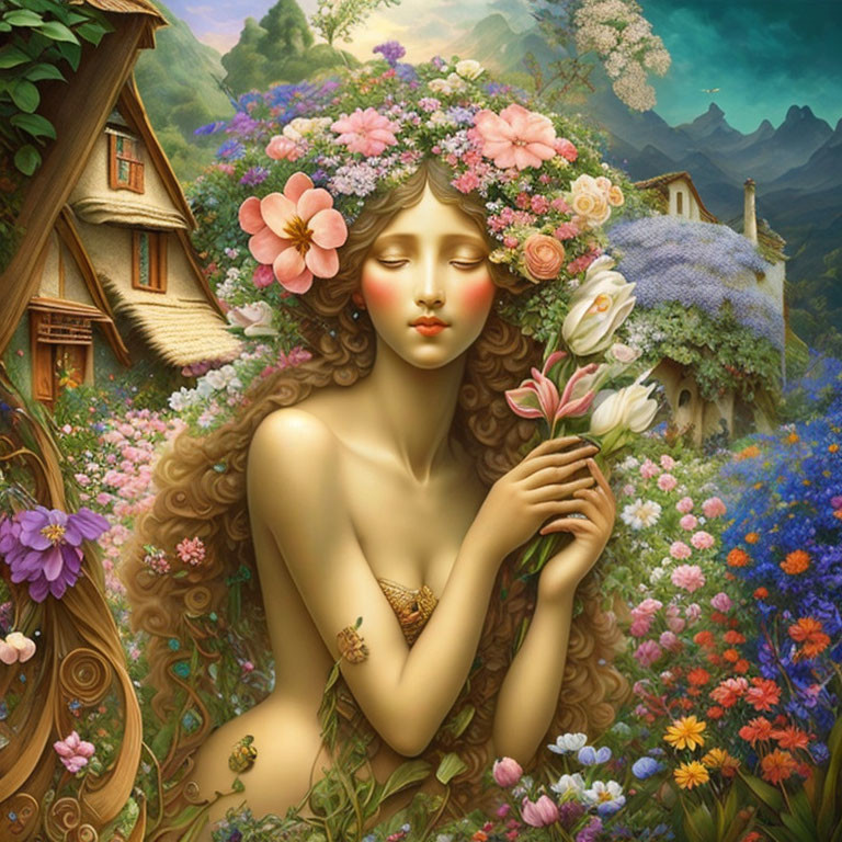 Woman with floral wreath holding flower in vibrant landscape