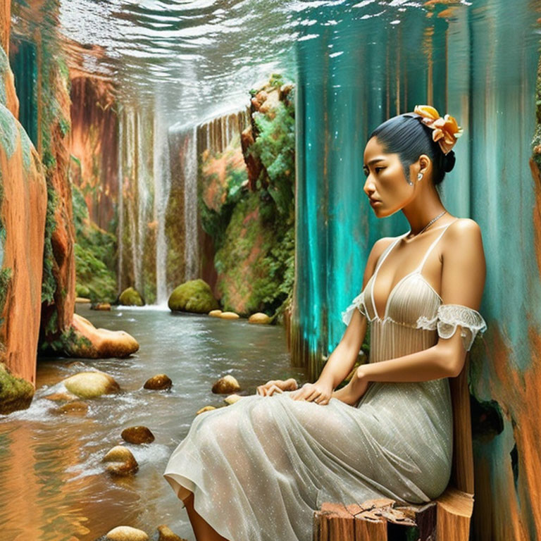 Woman in light dress by tranquil mossy waterfall in colorful surrealist landscape