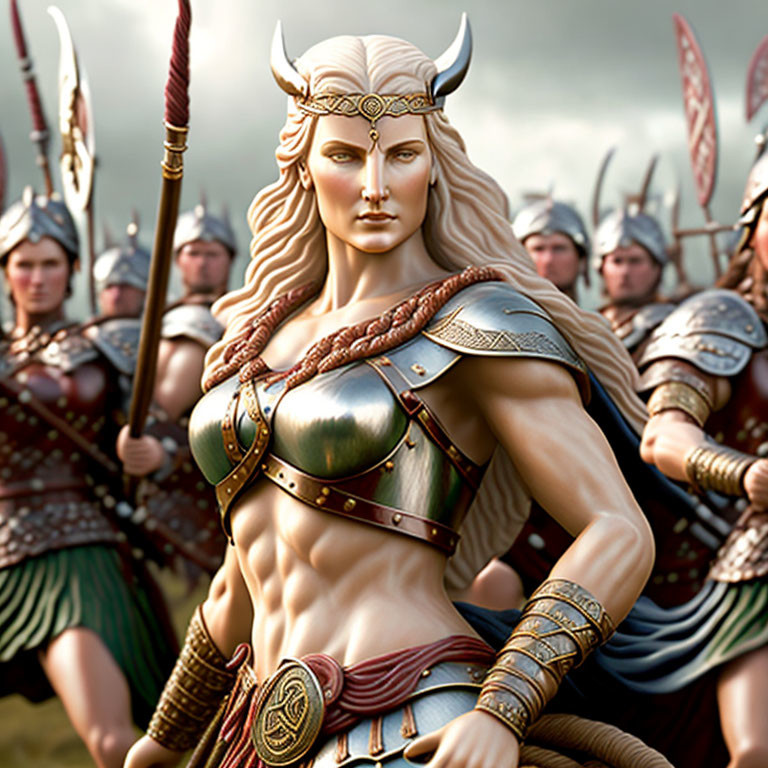 Female Viking warrior in armor with spear leading battalion