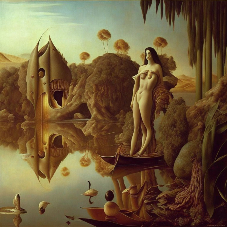 Surrealistic painting of nude woman by reflective lake with helmet-like structures and autumnal trees.