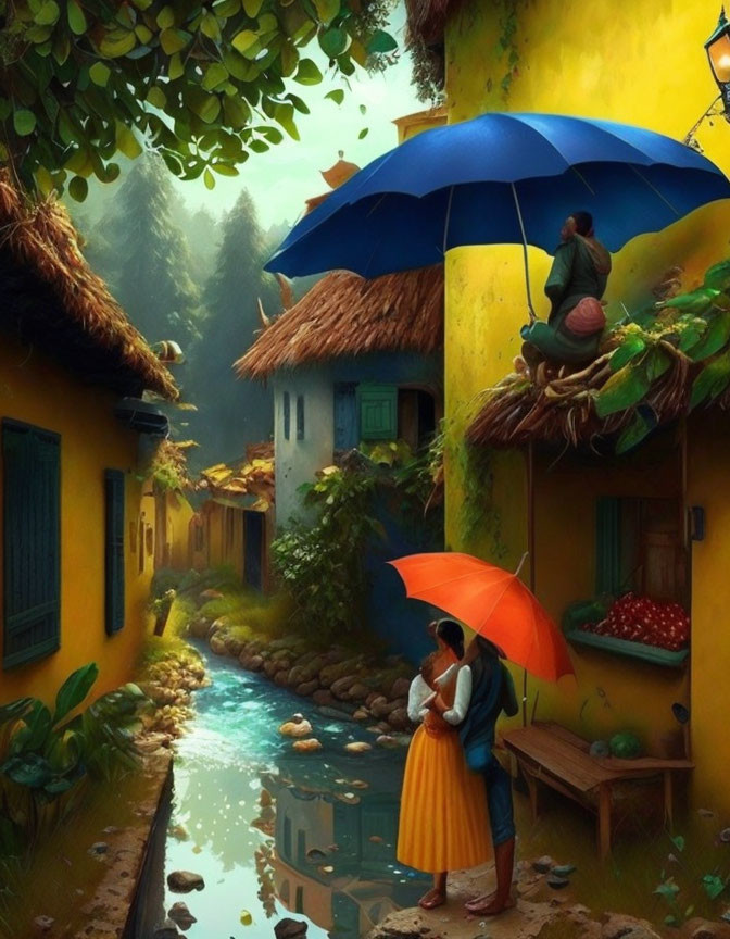 Colorful village scene with blue umbrellas, woman in yellow dress, cobblestone pathways, clear