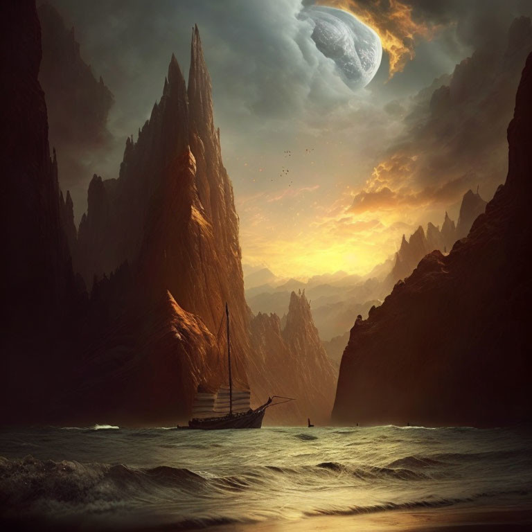 Shipwreck on stormy sea near cliffs with moon, birds, and sunset.