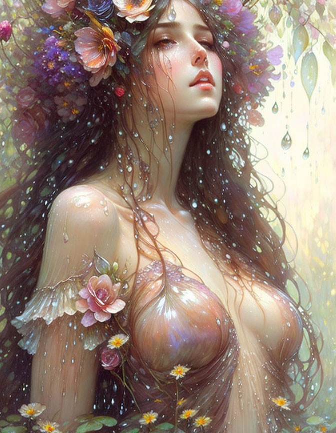 Woman in nature: serene expression, flowers in hair, soft glowing light