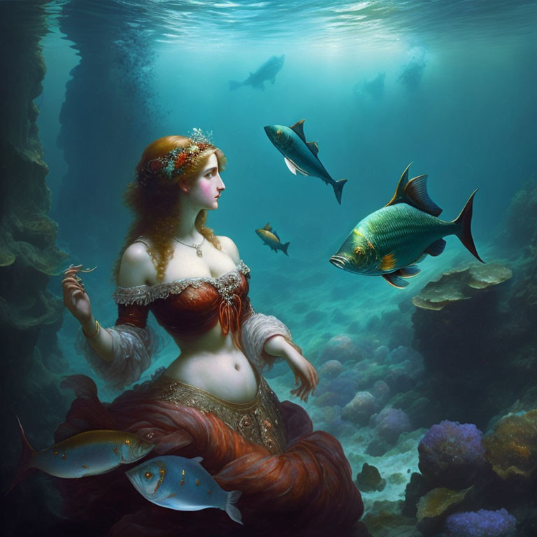 Mythical mermaid with floral wreath in underwater scene