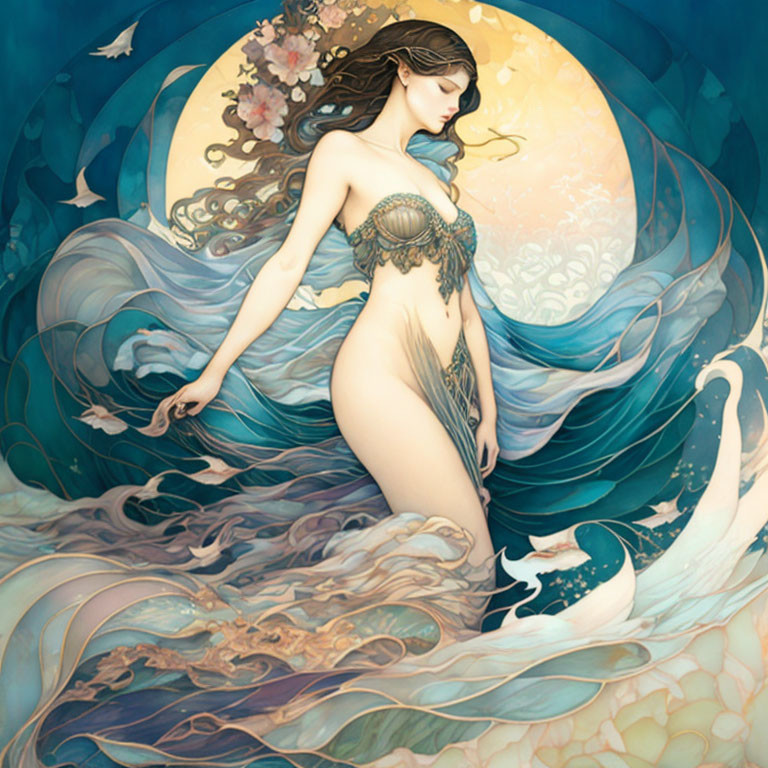 Ethereal artwork: Woman with flowing hair, aquatic designs, blossoming tree.