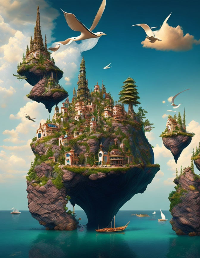 Whimsical buildings on floating islands with flying birds and sailboats in serene blue setting