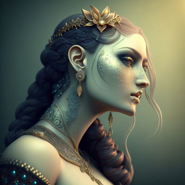 Detailed profile portrait of a woman with gold jewelry, tattoos, and braided hairstyle.