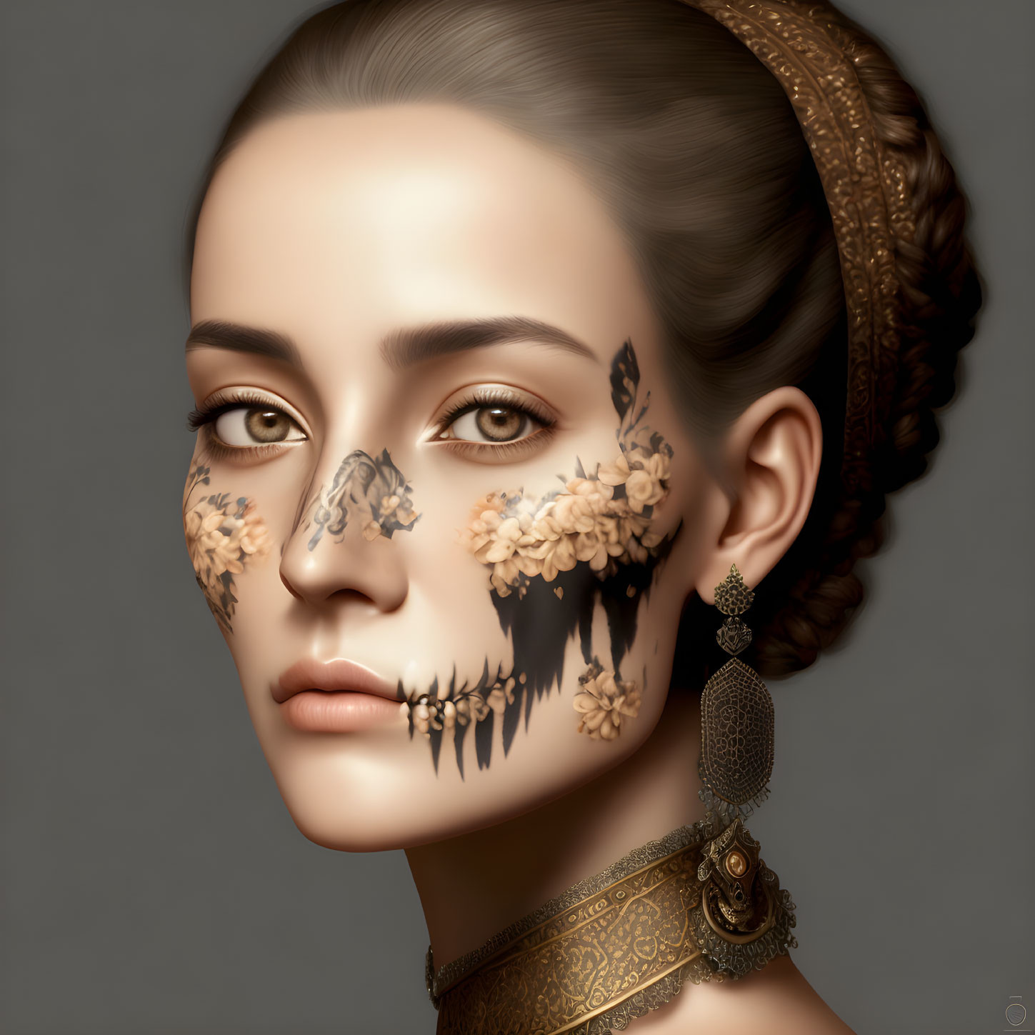 Digital portrait of woman with floral skull makeup, ornate earrings, and decorative choker.