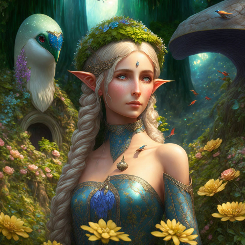 Elf woman with pointy ears in green floral crown and blue medieval dress among magical creatures in enchanted forest