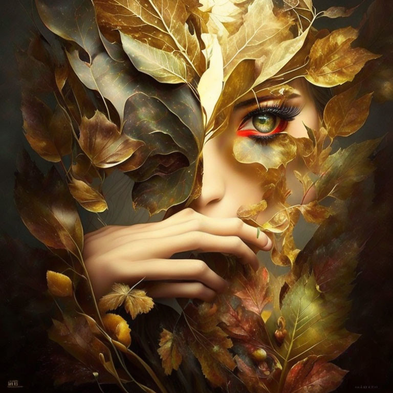 Portrait with Face Partially Obscured by Autumn Leaves and Vibrant Green Eye