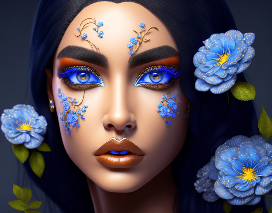 Digital portrait of woman with blue floral makeup and deep blue eyes