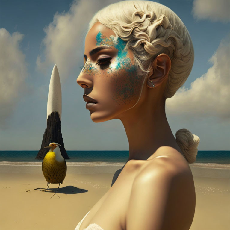 Surreal portrait of woman with white hair and blue freckles by bird on shoe at beach