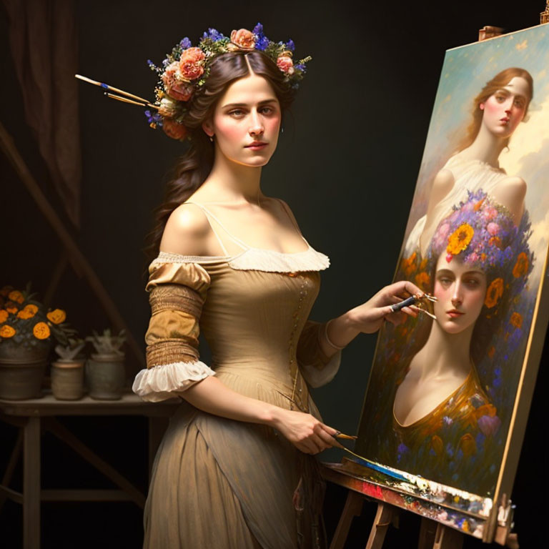 Vintage Dress Woman Poses Next to Self-Portrait with Matching Floral Crown