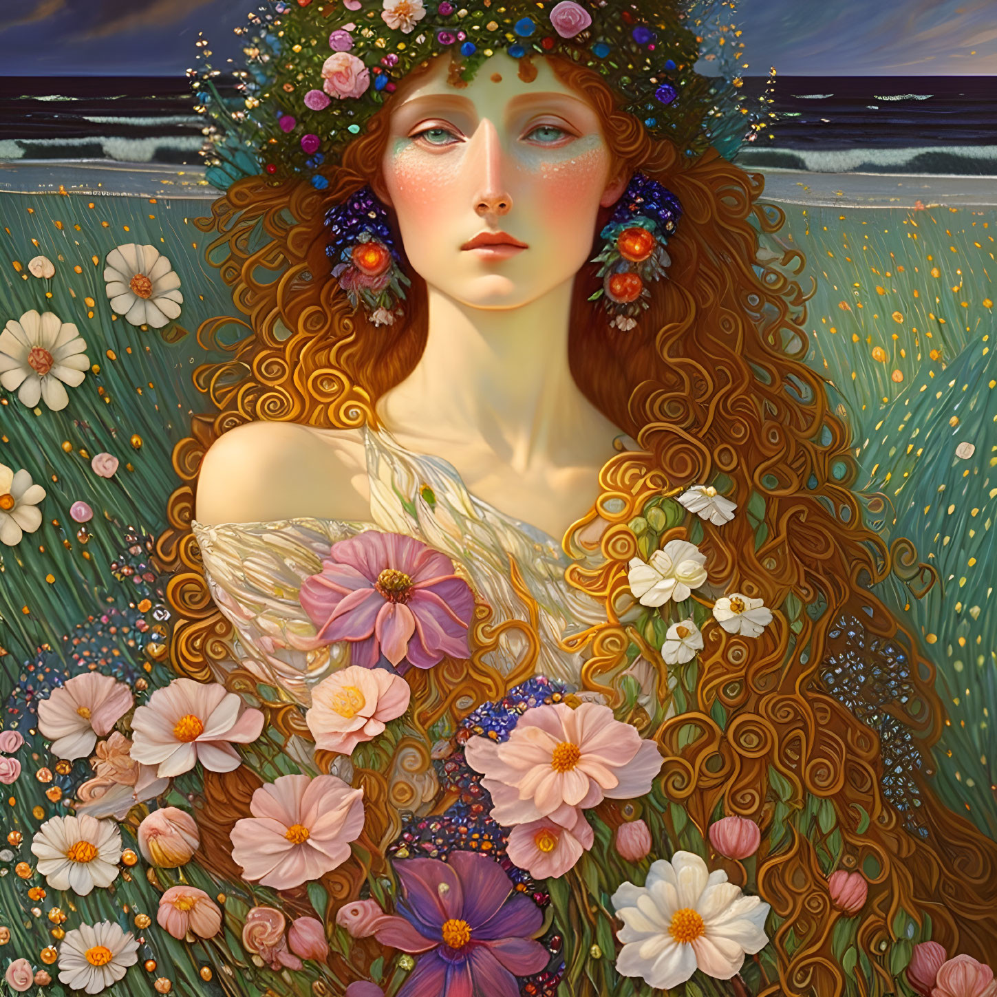 Woman with Floral Crown Surrounded by Flowers and Seascape