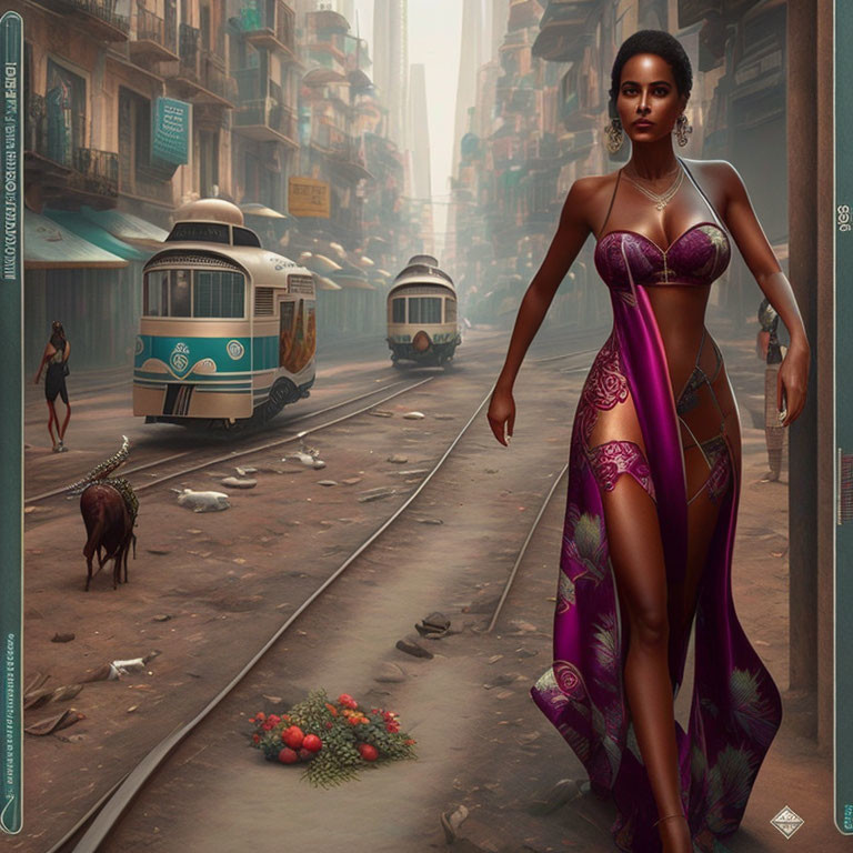 Elegant woman in purple dress in post-apocalyptic setting