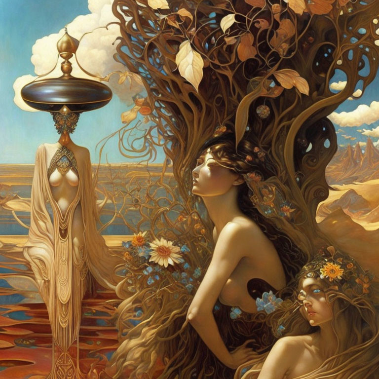 Ethereal artwork: Two women merging with tree in desert setting